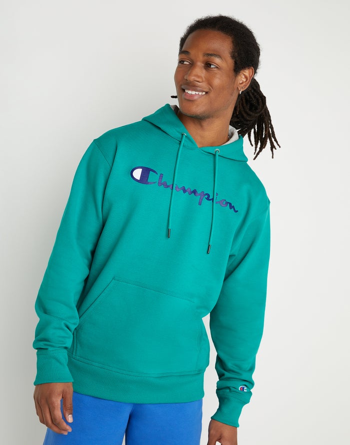 Champion Herre Hættetrøje Grøn - Powerblend Fleece Script Logo - Danmark YVI-064517